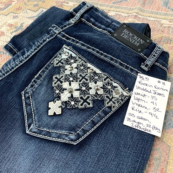 #18 Rockin Denim Studded Embellished Button Up Dark Wash Pants Blue Jean Size 10 - Picture 4 of 4